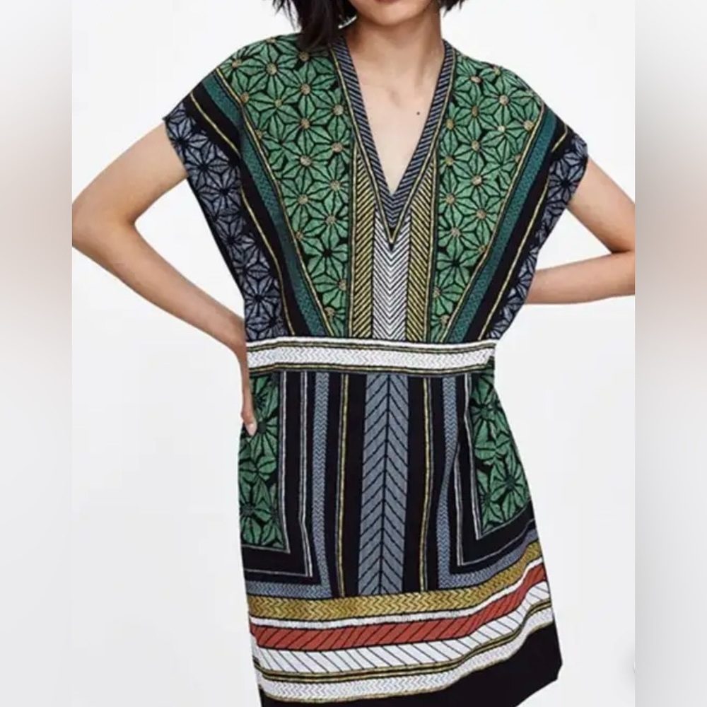 Zara Geo Tribal Print Mini V-Neck Tunic Dress - Sz Small